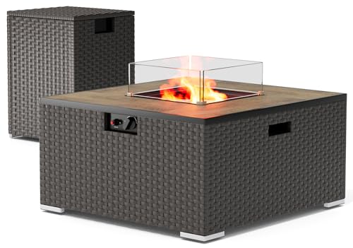 31.5' Outdoor Fire Pit Table with 40,000 BTU Output, Premium Gas Firepit Tables for Outside Patio, Propane Fire Pit with Windshield, Glass Stones, Waterproof Cover (Light Brown, Square 31.5 inch)