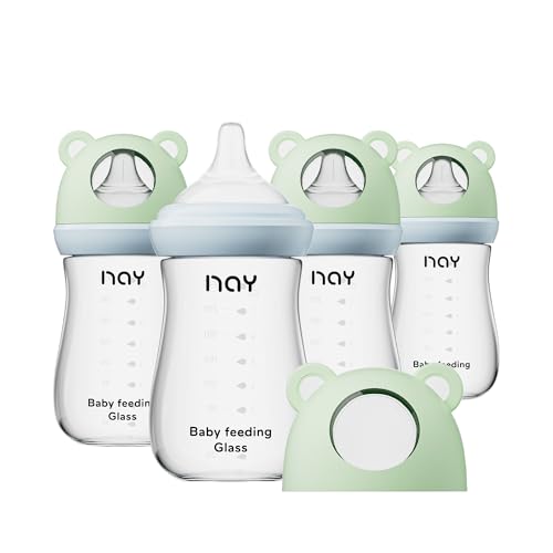 Image of yanyoyo Natural Glass Baby Bottle for Breastfeeding Babies, 8oz Anti-Colic Baby Bottle with Natural Response Nipple(M), Clear, Wide Neck, 4 Pack, 3 Months+