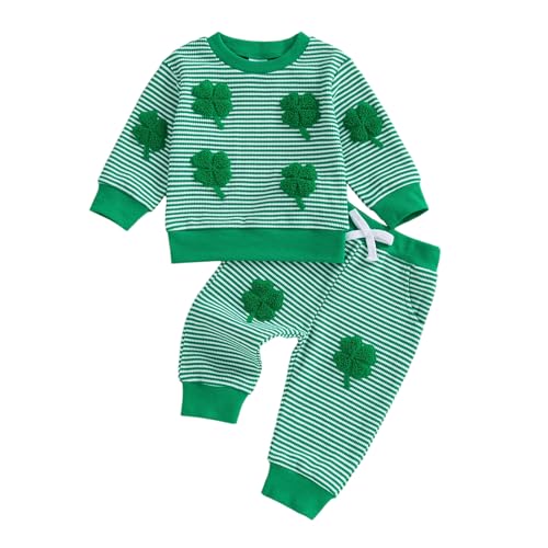Image of Toddler Baby Boy St Patricks Day Outfit Infant Lucky Clover Sweatshirt Pants Set Little Kids Spring Warm Clothes
