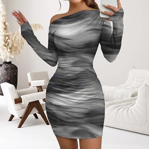 Image of Women's Long Sleeve Bodycon Mini Dress Tie Dye Print Slim Fit Asymmetrical Neck Elegant Formal Ruched Short Dresses
