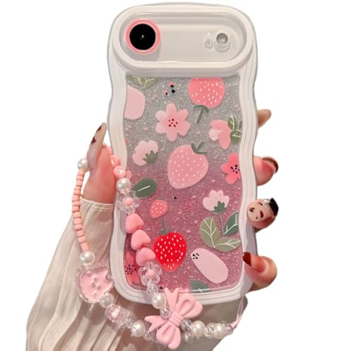 XAMMUE Compatible with iPhone 17 case, Cute Wavy Edge Shell, Kawaii Strawberry, Floral Pattern with Cute Bracelet, Made of Soft, eco-Friendly and Durable TPU Material, Suitable for Women and Girls