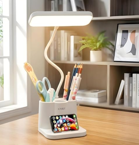 Image of Kimee Table Lamp for Study with Smart LED Display, Foldable Touch Light Desk Lamps with 3 Color Modes and Stepless Dimming, Desk Lamps with Phone Pen Holder (White)
