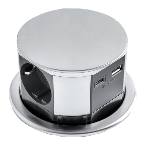 Torretta Multipresa Estraibile da Incasso - 3 Prese, 1 USB-A, 1 USB-C, Acciaio Inox, Scorrevole Verticale