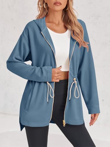 Fisoew Women's Zip Up Hoodie Sweatshirts Oversized Long Sleeve Casual Drawstring Waist Side Slit Tunic Tops — view 5