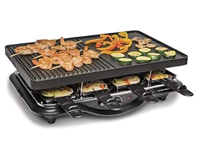 Hamilton Beach Electric Indoor Raclette Table Grill, 200 sq. in. Nonstick Griddle Serves up to 8 People for Parties and Family Fun, Includes 8 Warming Trays, Black (31612-MX)