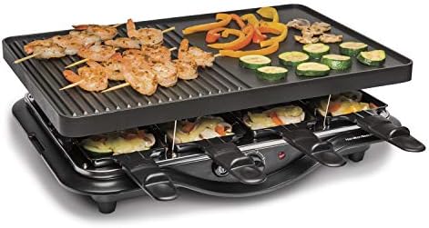 Hamilton Beach Electric Indoor Raclette Table Grill, 200 sq. in. PFAS-Free Nonstick Griddle Serves up to 8 People for Parties and Family Fun, Includes 8 Warming Trays, Black (31612MN-MX)
