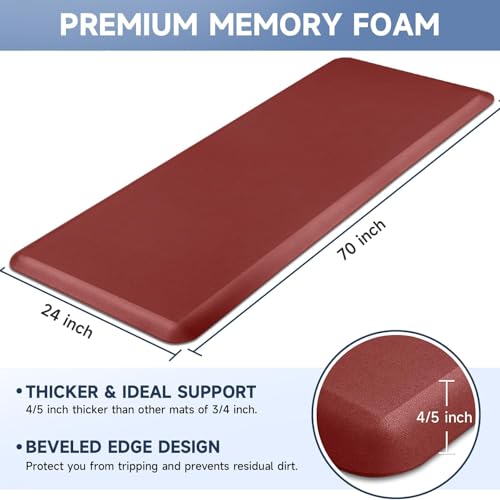 Image of 4 /5 Inch Thick Kitchen Mats for Floor, StepRite Kitchen Rug for Standing Desk, Non-Slip, Thicker, Stain & Water Resistant, Comfort Anti Fatigue Floor Mat for Home, Kitchen, Office - Red,70 * 24''