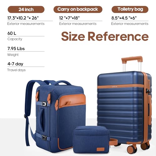Image of UKEIN Luggage Sets 3 Piece, PC Hardside Large Luggage 24 Inch With Spinner Wheels with TSA Lock, Carry On Suitcase Set With Travel Backpack for Men (Blue, 3 piece set (24inch))