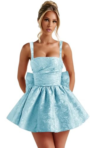 Satin Spaghetti Straps Homecoming Dresses for Teens Aline Square Neck Short Cocktail Party Gowns with Bow