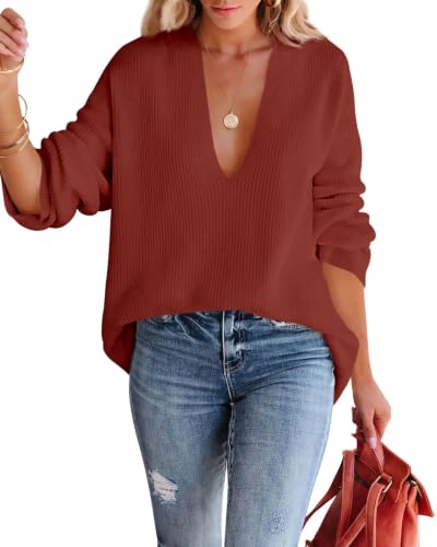 Image of Imily Bela Womens Oversized Deep V Neck Sweaters Sexy Long Sleeve Tunic Sweater Knitted Dressy Pullover Jumper