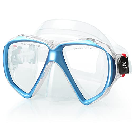 Image of Snorkel Diving Mask Panoramic HD Swim Mask, Anti-Fog Scuba Diving Goggles,Tempered Glass Dive Mask Adult Youth Swim Goggles with Nose Cover for Diving, Snorkeling, Swimming (Lake Blue)