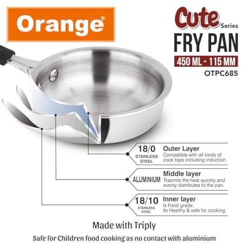 Image of Orange Triply Stainless Steel Mini /Baby /Small Sized (Cute Fry Pan 450 ML) | Heavy Bottom | Induction Friendly | 2.5mm Thickness | Cool Touch Bakelite Stainless Steel Handle | 5Year Warranty