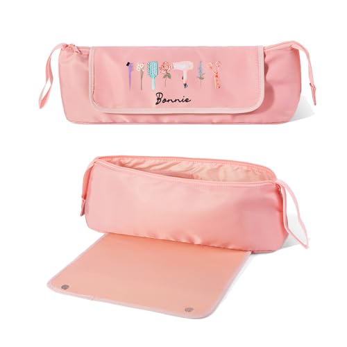 BYFDIY Custom Hair Tools Travel Bag Personalzied Name Birth Flower Hair Accessories Organizer Case With Heat Resistant Mat for Curling Iron Straightener Flat Iron Black Pink Size 4.7 * 5.9 * 18INCH