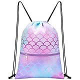 WAWSAM Sac à dos à Cordon pour Enfants - 34 x 45 cm Sac de Sport et de Sport étanche Plage Natation École Voyage Sac à dos Cadeau d'Anniversaire avec Poche Zippée (Sirène B001, Taille unique)