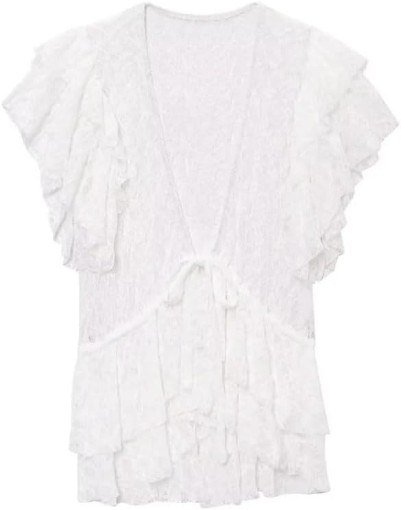 Women's Ruffled Hollow Embroidery V-Neck Chiffon Lace-Up Shirt