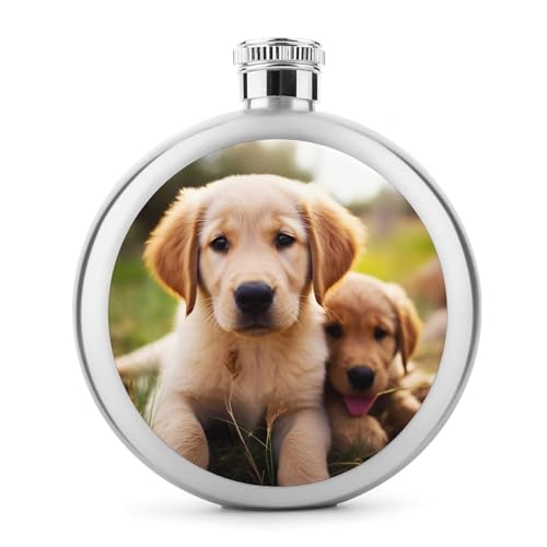 Stainless Steel Wine Bottle Liquor Container Cute Golden Retriever Puppy Print Leak Proof Hip Flask Durable for Camping Hiking Travel Festivals
