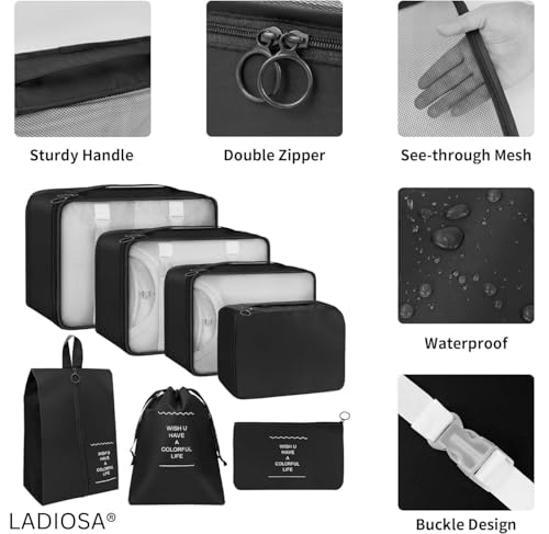 Image of 7pcs Set Travel Organizer Packing Cubes Lightweight Travel Luggage Organizers with Laundry Bag or Toiletry Bag Laundry Organiser. (Black)