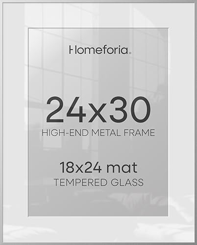 Image of Homeforia Poster Silver Frame 24x30, High End Metal 24 x 30 Large Picture Frames with Mat 18 by 24 for Photo, 24x30 Silver Frames Matted to 18x24 Print, 30x24 Frame, Tempered Glass, Wall Kit, Set of 1