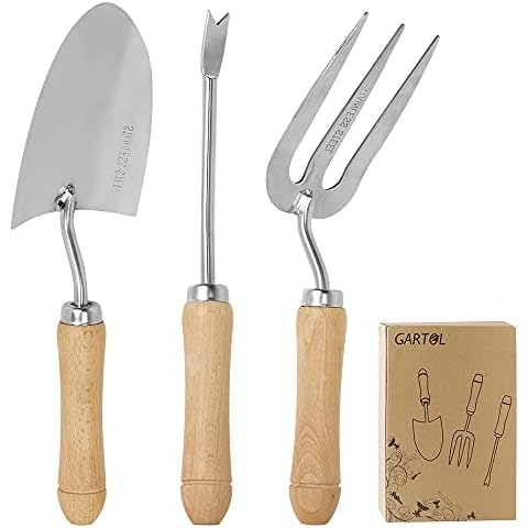 GARTOL 3-Piece Garden Tool Set of Fork & Trowel & Weeder,Durable Stainless Steel Gardening Tools withTimber Handle, Garden Gifts for Father's Day, Mother's Day, Birthday, Ideas Cover