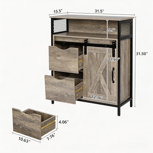 Image of VINGLI Farmhouse Bathroom Floor Storage Cabinet, Rustic Freestanding Cabinet Organizer w /Sliding Barn Door, 2 Large Drawers and Adjustable Shelves (Wash Grey)