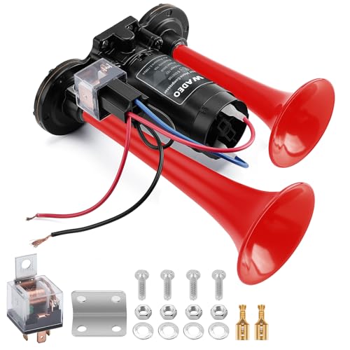 WADEO Bocina de camión de 12 V 150 db, bocina de coche doble súper fuerte con bocina de aire de compresor, kit de bocina alta para todos los vehículos de 12 V, coche, camión, barco, furgoneta (rojo)