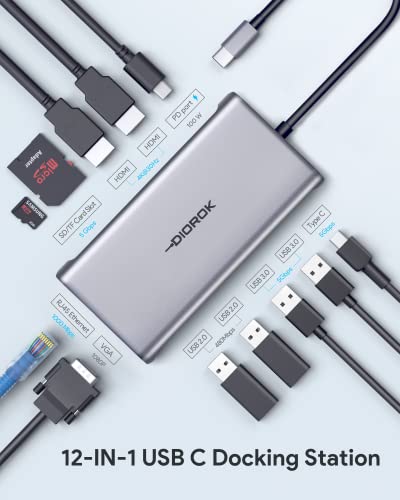 Image of USB C Hub Multiport Adapter Triple Display, 12 in 1 USB C Docking Station Dual Monitor, 2 HDMI 4K, VGA 1080P, Ethernet 1Gbps, 100W PD, 4 USB A Ports, 1 USB-C, SD /TF Dongle for MacBook and More