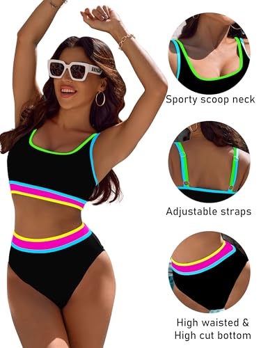 Image of BMJL Women's High Waisted Bikini Sets Sporty Two Piece Swimsuits Color Block Tummy Control Modest Bathing Suit