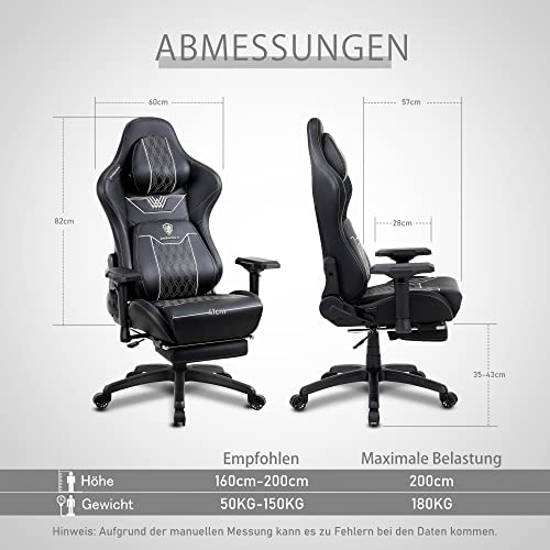 Sedia Gaming con braccioli 4D, ergonomica, con poggiapiedi, in pelle PU, comodo supporto lordosi, grande e alta, 180 kg, nero - Sedia gaming - Immagine 2