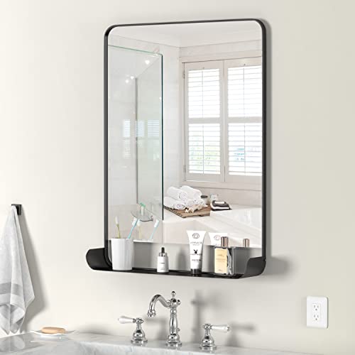 Black Farmhouse Bathroom Mirror With Shelf Vanity Mirror, 24" X 36" Rectangle Metal Rounded Wall Mirror For Bathroom Living Room,Entryway #TOP1