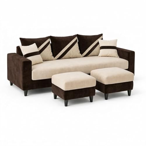 Image of SLEEPIFY Covelle 3 Seater Sofa Set with 2 Ottoman (Dark Brown - Cream) | Premium Soft Velvet | Plush Comfort Cushions | Modern Living Room Sofa | Spacious Comfortable Seating