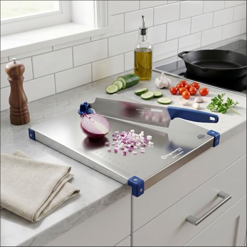 Image of Organizemee Premium Stainless Steel Chopping Board with Integrated Knife | Food-Grade Metal Cutting Board for Daily Kitchen Use | Durable, Rust-Resistant & Simple to Maintain