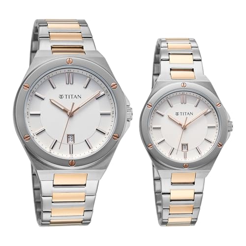 Image of Titan Modern Bandhan Pair Analog with White Dial Dual Tone Rose Gold Stainless Steel Strap Watch for Couples - 9401694216KM01