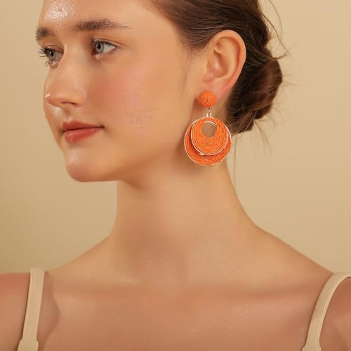 Handmade Raffia Hoop Earrings for Women - Lightweight Boho Dangle Jewelry, Summer Beach Vacation Accessories, Round Oval Straw Wrap Design2