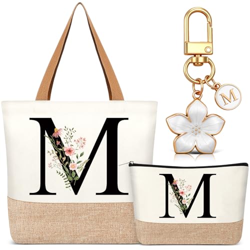 Hestya Set 3 presentes para mulher mala tote personalizada com iniciais bolsa de compras de lona precisa com alfabeto bolsa de maquilhagem porta-chaves com letra para amiga colega aniversário
