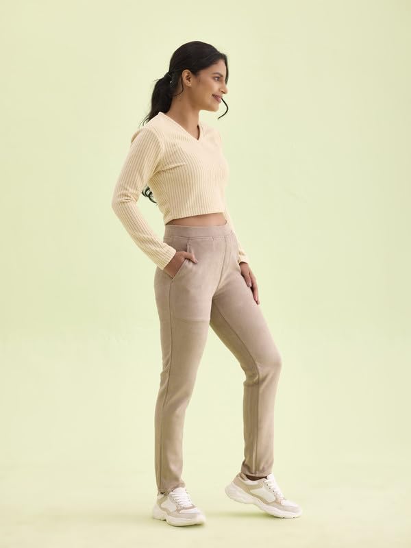 Image of GO COLORS Women Solid Mid Rise Suede Treggings
