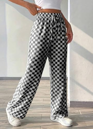 Women's Casual Checkered Pants Drawstring Elastic Waist Comfy Loose Straight Wide Leg Plaid Pants with Pockets2