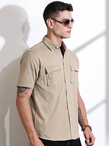 Image of Thomas Scott Men's | Solid | Half Sleeve | Regular Fit | Cotton Blend | Double Flap Pocket | Spread Collar | Casual Shirt