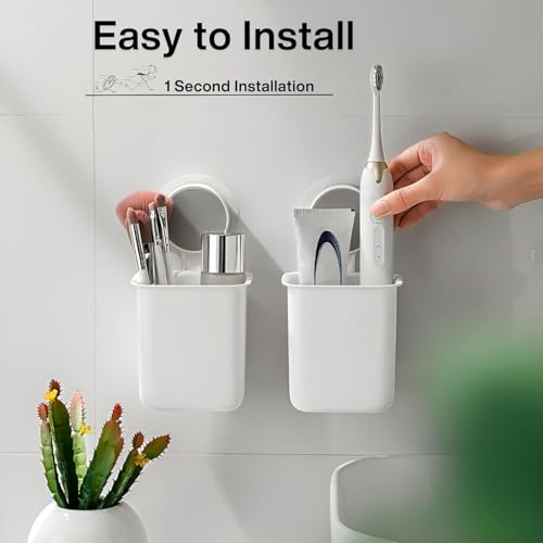 Image of SHOPPOFOBIX Plastic Toothbrush Holders for Bathroom | Wall Mounted Toothbrush Holder | Self-Adhesive Bathroom Organiser Without Drill for Toothbrushes | Washroom Organizer for Tooth Brush