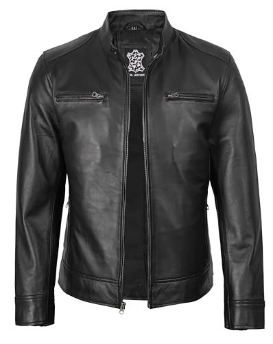 Image of fjackets Mens Leather Jacket - Real Lambskin Cafe Racer Jacket Stand Collar Moto Biker Zip Jacket For Men