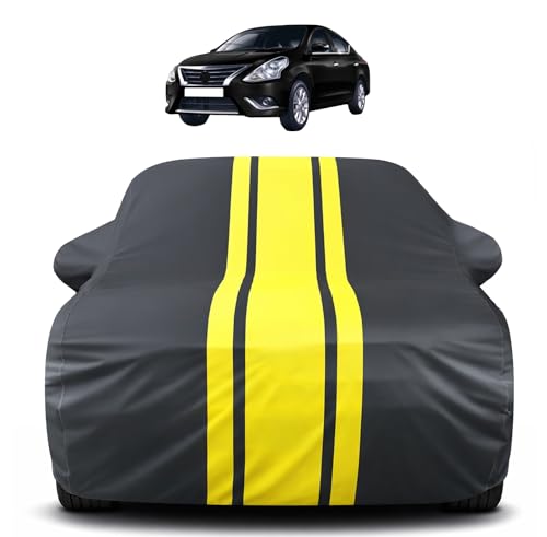 Image of Auto Hub Car Cover Compatible with Nissan Sunny with Mirror Pocket, Soft Cotton Lining, Sunny Car Cover Waterproof - Yellow-Black