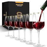 Berkware Wine Glass Set of 6 - Long Stem Red Wine Glasses with Elegant Gold Rim - Premium Crystal Glasses for Parties and Special Occasions
