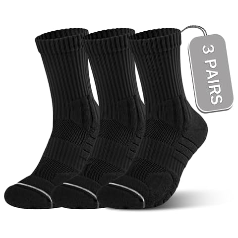CONRAN KREMIX Running Socks Mens Black Crew Socks 3 Pairs Basketball Tennis Cushioned Athletic Performance Ankle Support Arch Compression Moisture Socks Cover
