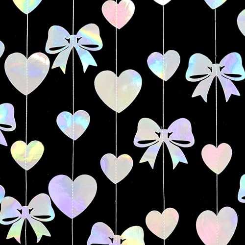 Image of Iridescent Bow Decorations Holographic Paper Heart Bow Hanging Garland Streamer for Coquette Bachelorette Birthday Valentines Wedding Bridal Shower Engagement Anniversary Party Decorations Supplies