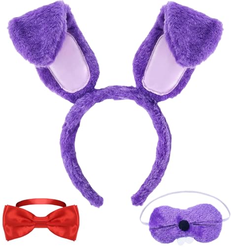 Mprocen 3 PCS Bunny Costume Purple Blue Ears Headband Red Bow Tie Nose Rabbit Cosplay Halloween Easter Party Accessories Set