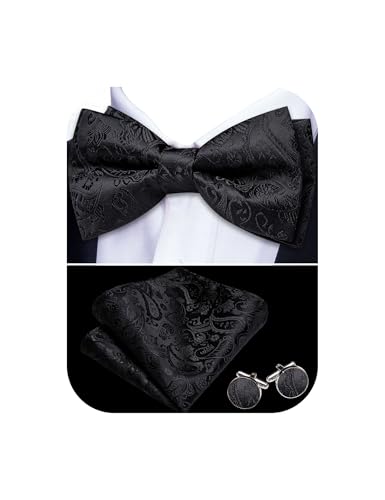 Image of Barry.Wang Paisley Striped Bow Tie for Men Silk Pre-Tied Bowtie Pocket Square Cufflinks Set Formal Wedding Party Prom