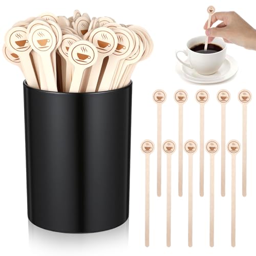 Kegeeei 200 PCS Coffee Stirrer and 1 PC Holder Set, 6 Inch Wooden Coffee Stir Sticks, Black PVC Stirrer Container for Home Office Cafe Bar Beverage Station