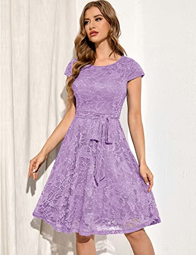 Muadress Women Cap-Sleeve Lace Floral Elegant Cocktail Dress Crew Neck Knee Length Bridesmaid Dresses For Party Lavender L #TOP4