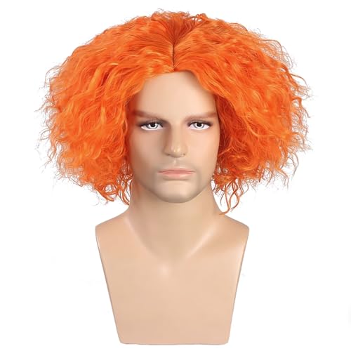 PORSMEER Mad Hatter Wig Halloween Costumes Wig for Women Men Shaggy Afro Short Curly Cosplay Wigs Orange Wig
