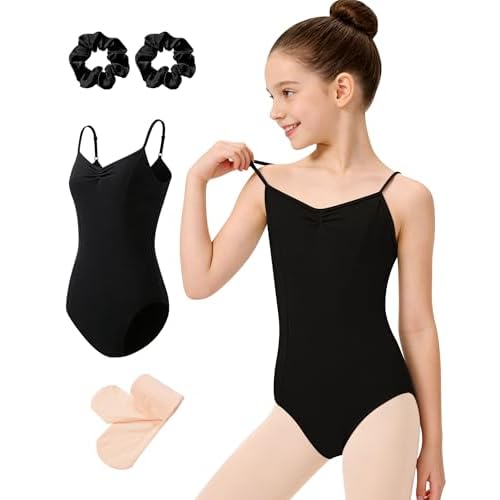 MOLLDAN Girls Princess Dance Leotard Adjustable Camisole Ballet Leotard with Tight Scrunchie,Full Lining Black 6-8 Years