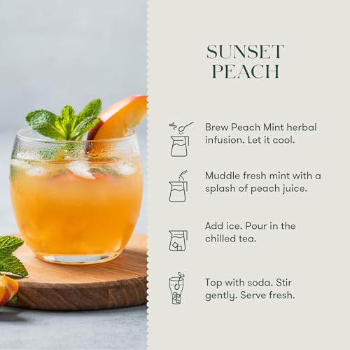 Image of Luxmi Estates Peach Mint Herbal Tea, 25 Biodegradable Tea Bags (50g, 1.76oz) | Caffeine-Free Fruit Herbal Infusion with Real Peach Bits, Hibiscus, Spearmint, Cinnamon, Ginger, Licorice, Orange Peel, Cardamom & Dandelion, Vegan